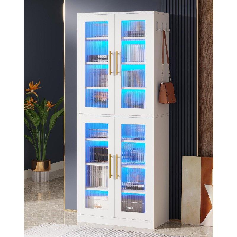 Beyaz Ahşap LED Işıklı 8 Raflı Cam Kapaklı Kitaplık - 63x35x170 cm - 239541