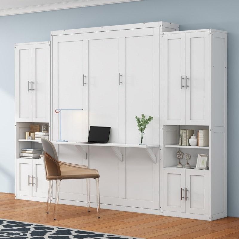 Beyaz Ahşap Masalı Katlanır Duvar Yatağı - 266260