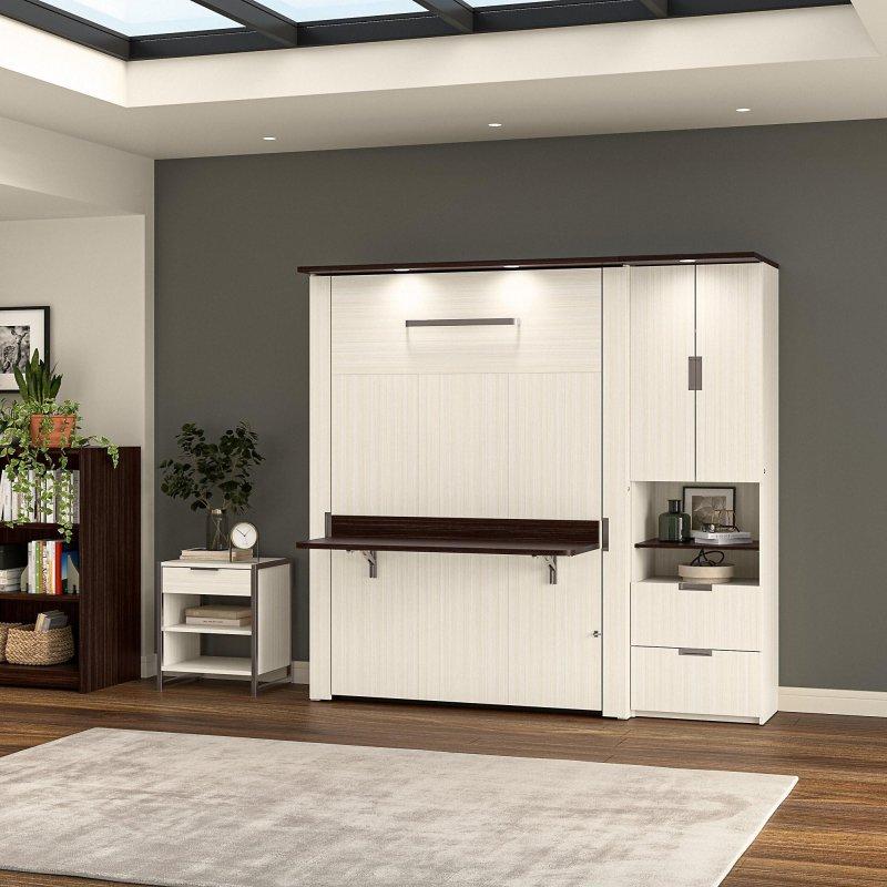 Beyaz Ahşap Masalı ve Dolaplı Aydınlatmalı Duvar Yatağı - 214 cm - 266718