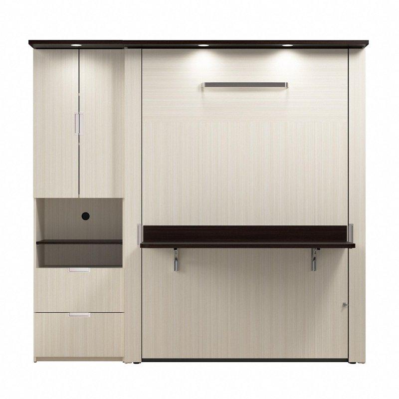 Beyaz Ahşap Masalı ve Dolaplı Aydınlatmalı Duvar Yatağı - 214 cm - 266718