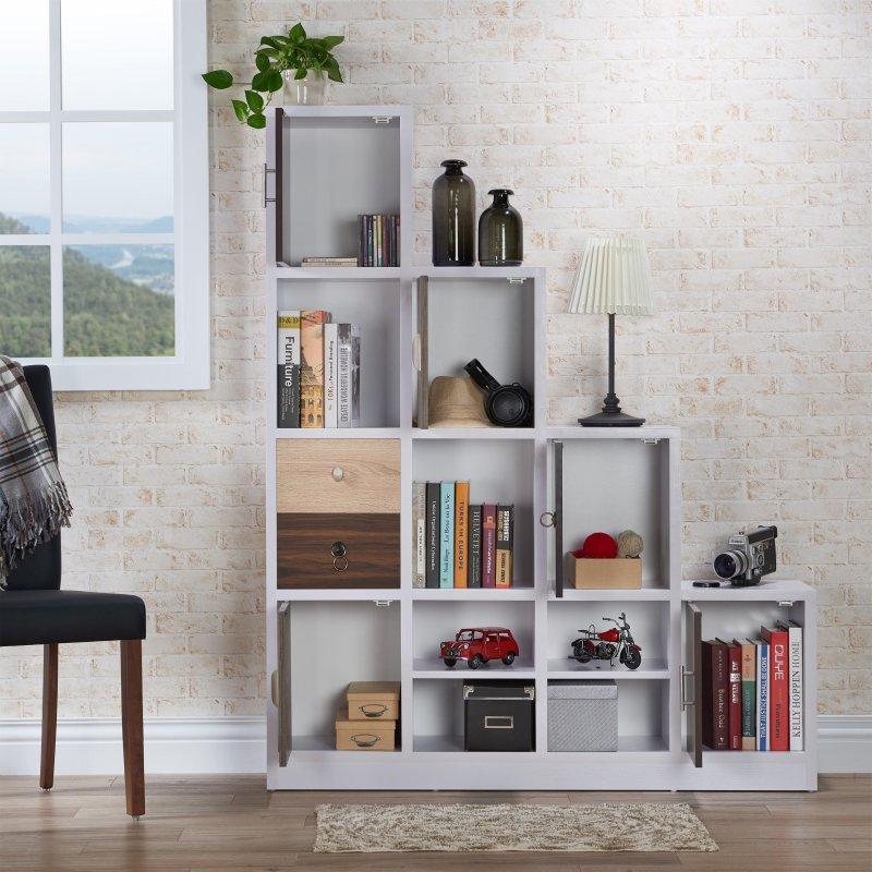 Beyaz Ahşap Merdiven Tasarımlı 6 Raflı Çekmeceli ve Kapaklı Kitaplık - 126x157 cm - 320260
