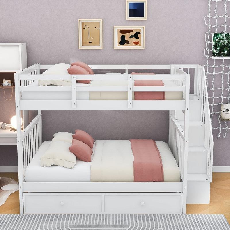 Beyaz Ahşap Merdivenli 3 Raflı Yavru Yataklı Ranza - 246833