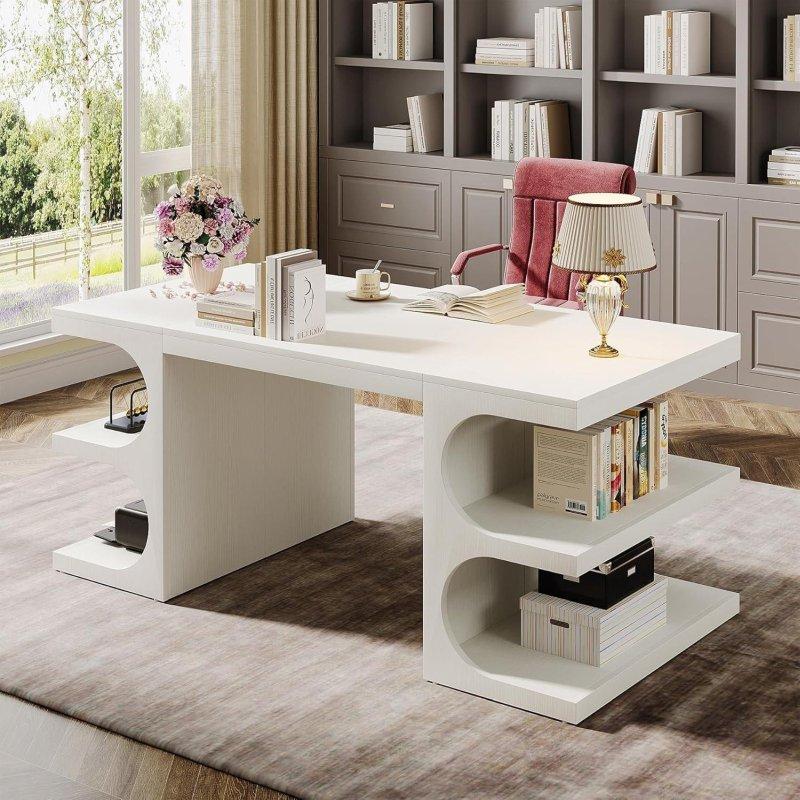 Beyaz Ahşap Raflı Ofis Masası - 158 cm - 327296