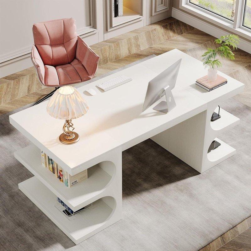 Beyaz Ahşap Raflı Ofis Masası - 158 cm - 327296