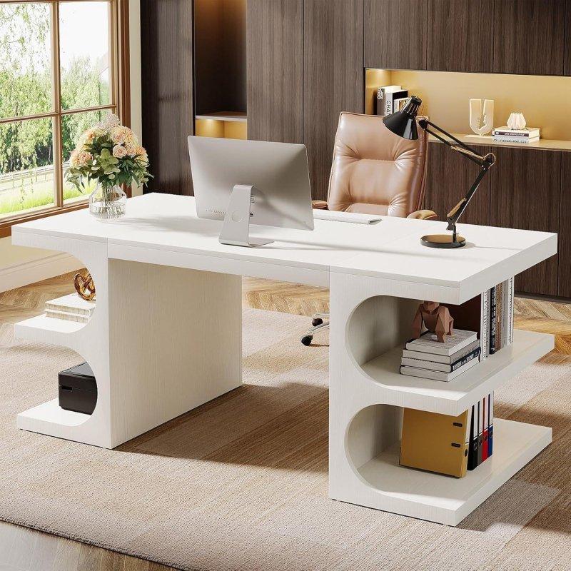 Beyaz Ahşap Raflı Ofis Masası - 158 cm - 327296 Beyaz Ahşap Raflı Ofis Masası - 158 cm - 327296