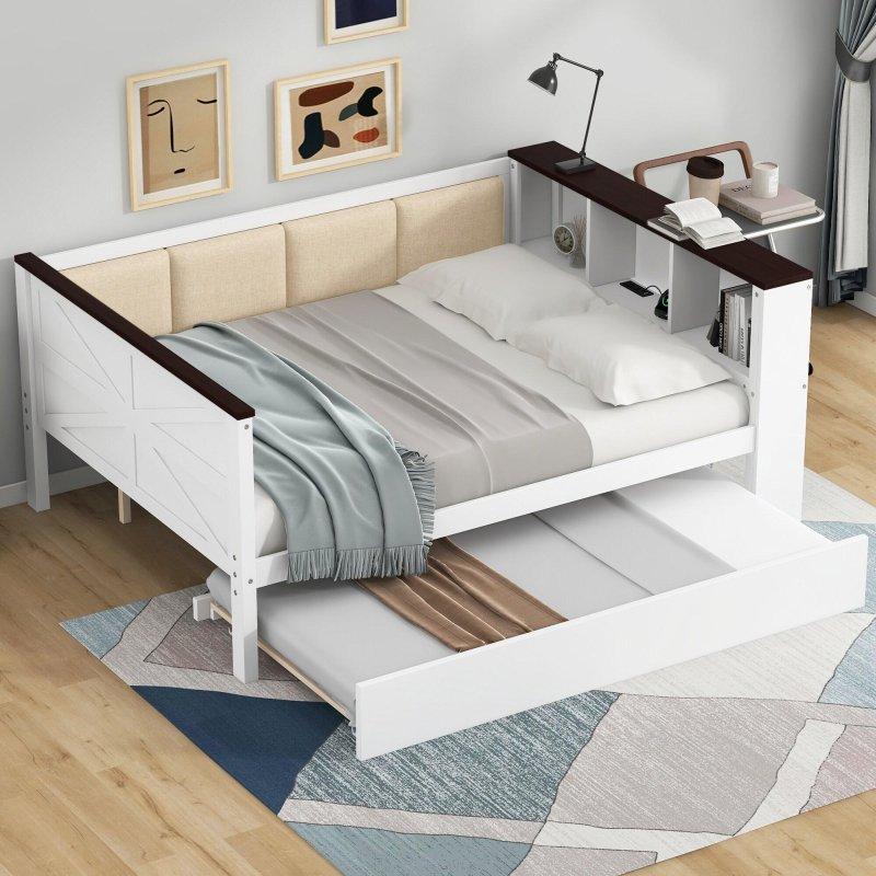 Beyaz Ahşap Raflı USB Portlu Yavru Yataklı Daybed Karyola - 329977