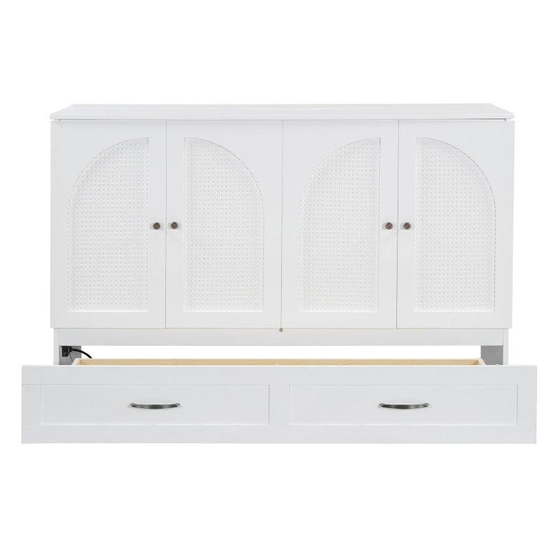 Beyaz Ahşap Rattan Çekmeceli USB Portlu Duvar Yatağı - 161x205 cm - 261151