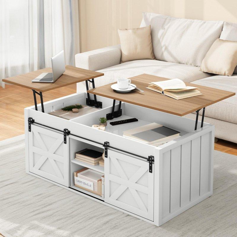 Beyaz Ahşap Sürgülü Ahır Kapılı Asansörlü Akıllı Sehpa - 118x58 cm - 254027