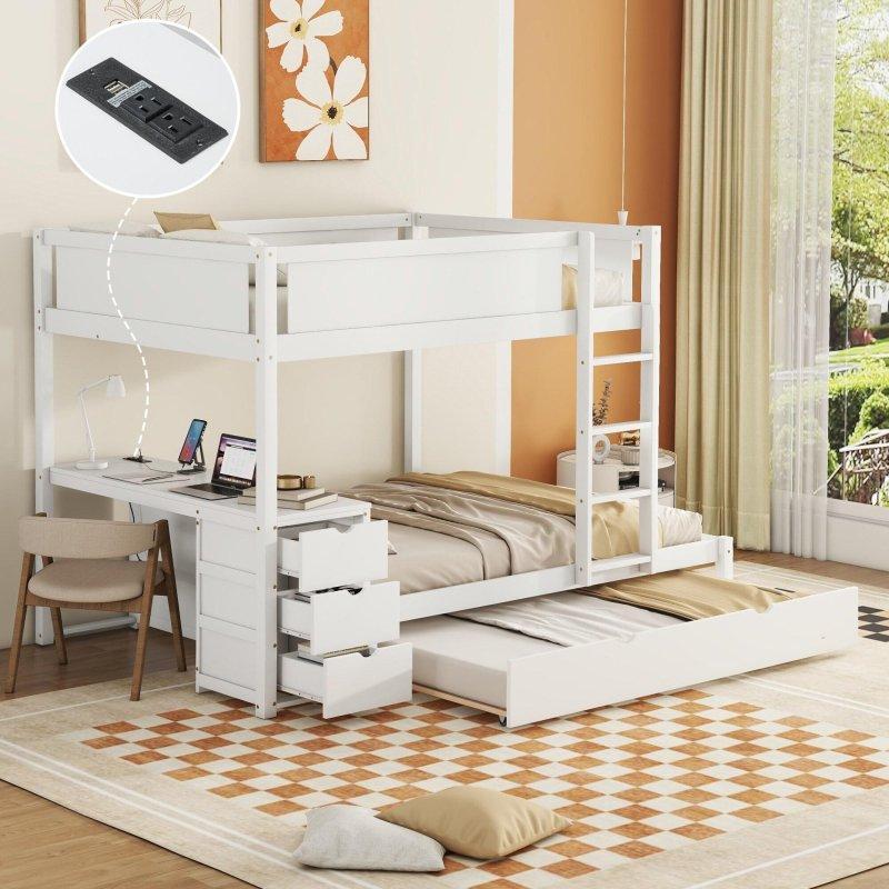 Beyaz Ahşap USB Çıkışlı Yavru Yataklı ve Çalışma Masalı Ranza - 242x138x167 cm - 250090