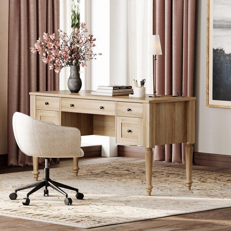 Beyaz Ahşap USB Portlu 5 Çekmeceli Kır Evi Ofis Masası - 142 cm - 328136