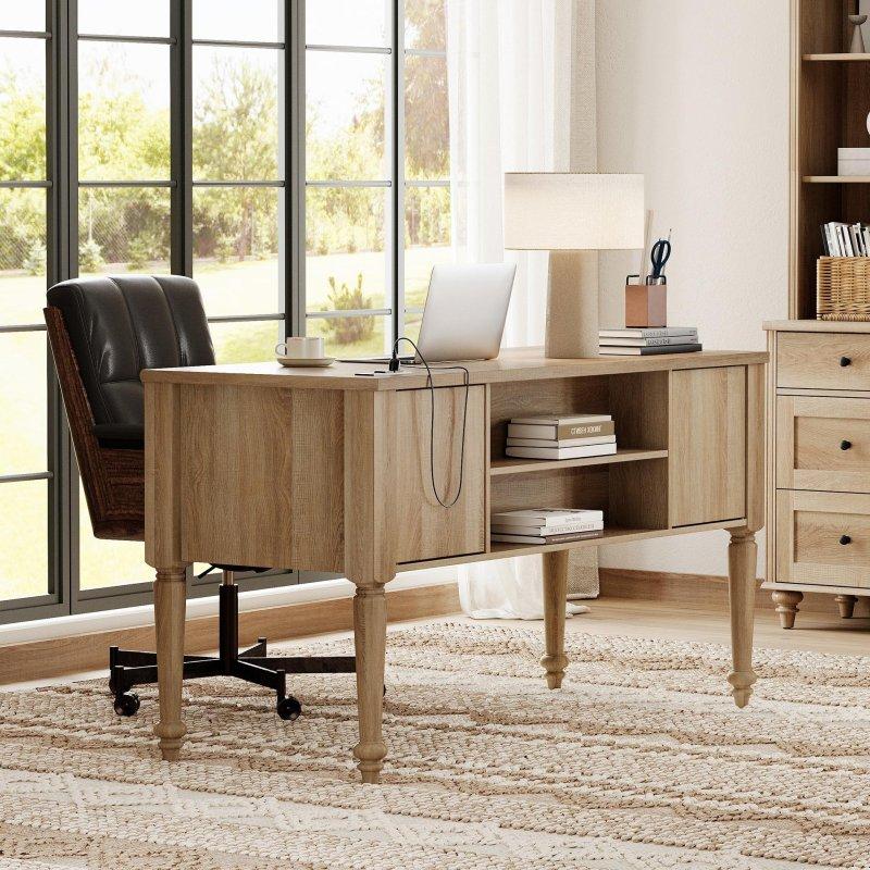 Beyaz Ahşap USB Portlu 5 Çekmeceli Kır Evi Ofis Masası - 142 cm - 328136