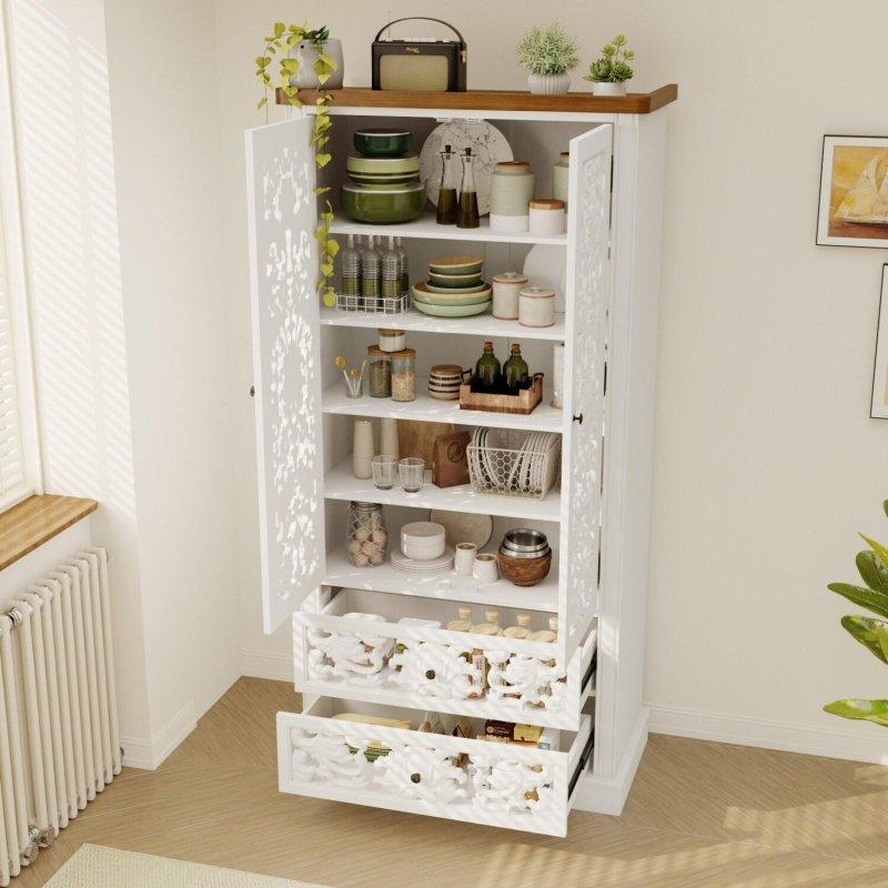 Beyaz Ahşap Üst Tablalı Oymalı Kapaklı Çekmeceli MDF Kitaplık - 85x168x40 cm - 314955