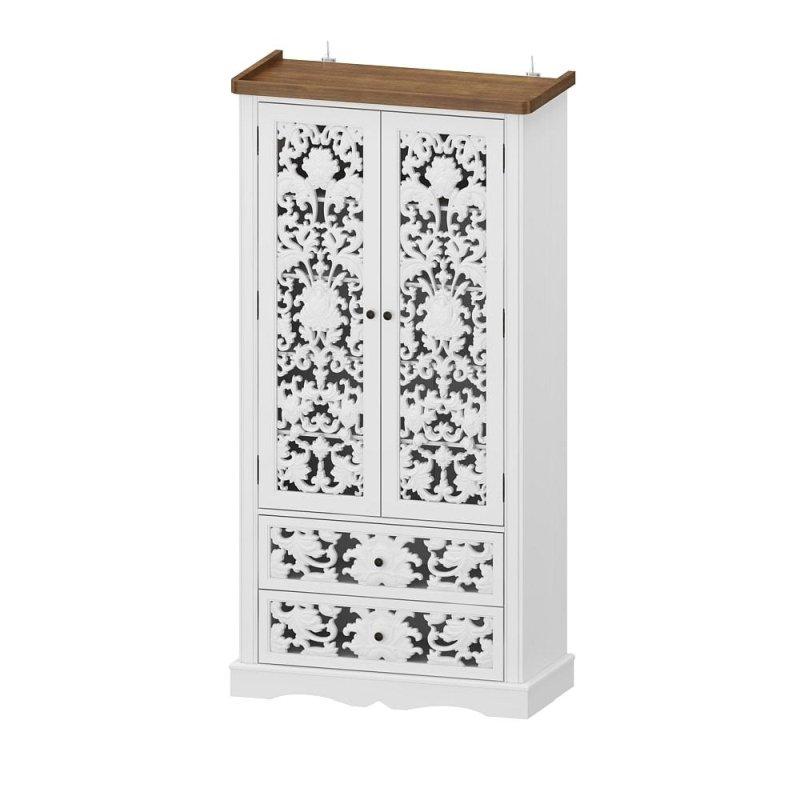 Beyaz Ahşap Üst Tablalı Oymalı Kapaklı Çekmeceli MDF Kitaplık - 85x168x40 cm - 314955