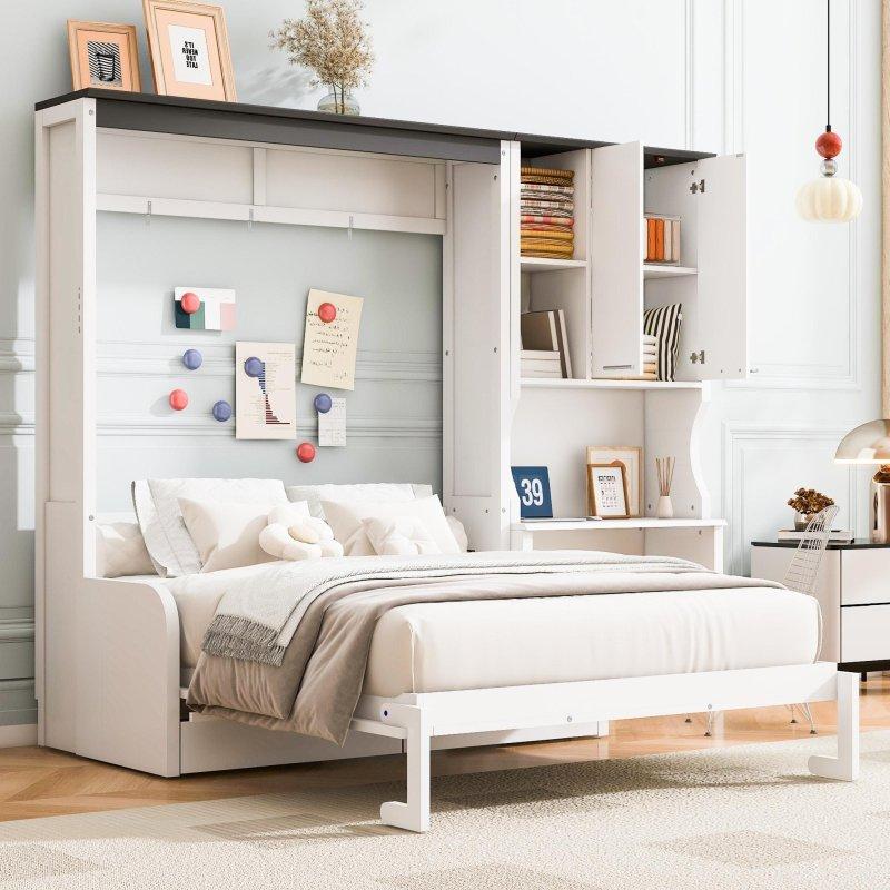 Beyaz Ahşap ve MDF Koltuklu Masalı ve Dolaplı Duvar Yatağı - 261490