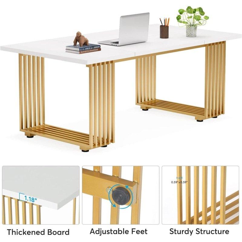 Beyaz Ahşap ve Metal Altın Rengi Ayaklı Dikdörtgen Ofis Masası - 180x79 cm - 326972