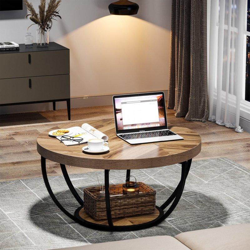 Beyaz Ahşap ve Metal İki Katlı Yuvarlak Orta Sehpa - 81 cm - 242618
