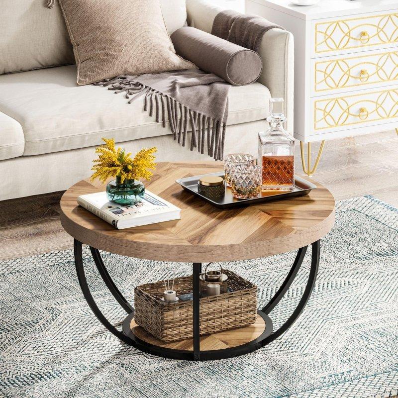 Beyaz Ahşap ve Metal İki Katlı Yuvarlak Orta Sehpa - 81 cm - 242618