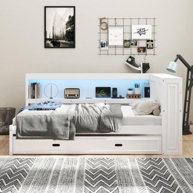 Beyaz Ahşap Yavru Yataklı LED Aydınlatmalı ve USB Portlu Raflı Daybed Karyola - 329759