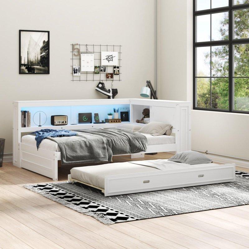 Beyaz Ahşap Yavru Yataklı LED Aydınlatmalı ve USB Portlu Raflı Daybed Karyola - 329759
