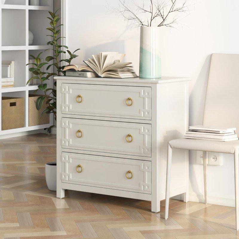 Beyaz Çam Ağacı Geometrik Desenli Gold Kulplu 3 Çekmeceli Şifonyer - 81 cm - 308886
