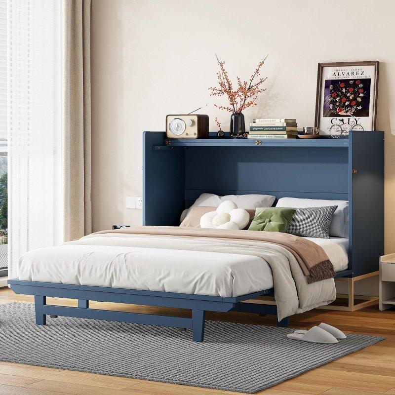 Beyaz Çam Ağacı ve MDF Dolaplı Çift Kişilik Duvar Yatağı - 160x205 cm - 261693