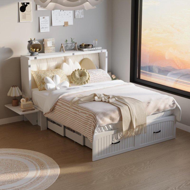 Beyaz Çam Ağacı ve Metal Dolaplı Çekmeceli Duvar Yatağı - 142 cm - 264863