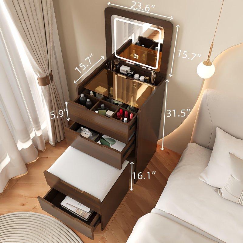 Beyaz Cam Tablalı 3 Çekmeceli Aydınlatmalı Aynalı ve Tabureli Şifonyer - 301078