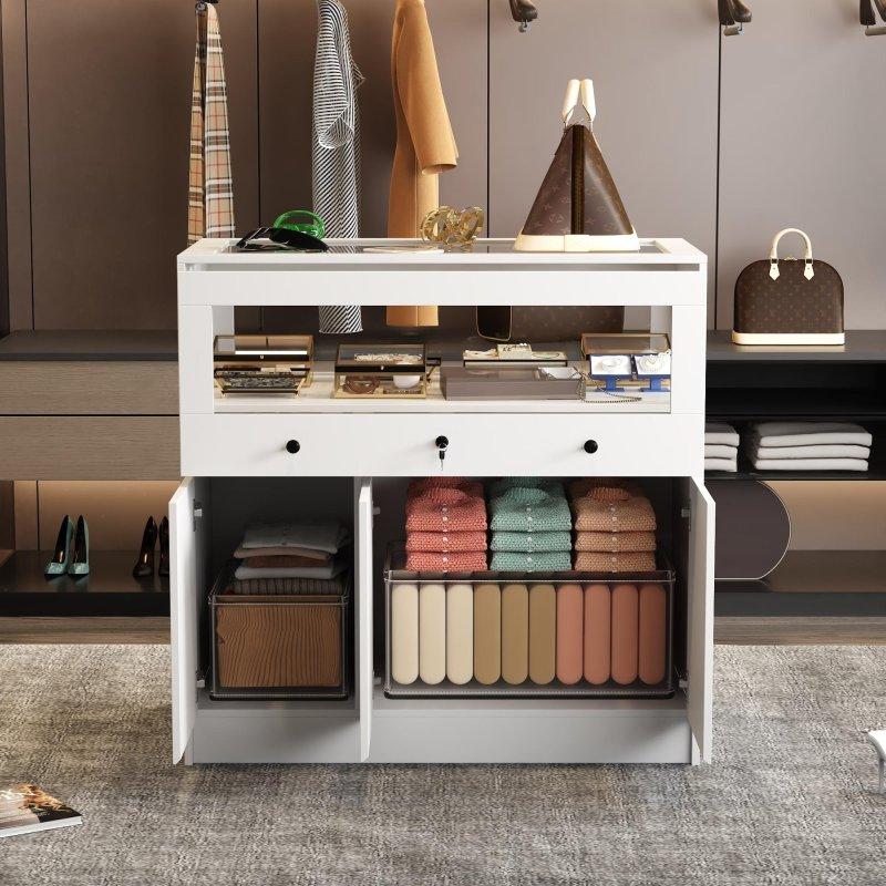 Beyaz Cam Tablalı Kilitli MDF Şifonyer - 101x51x101 cm - 311927