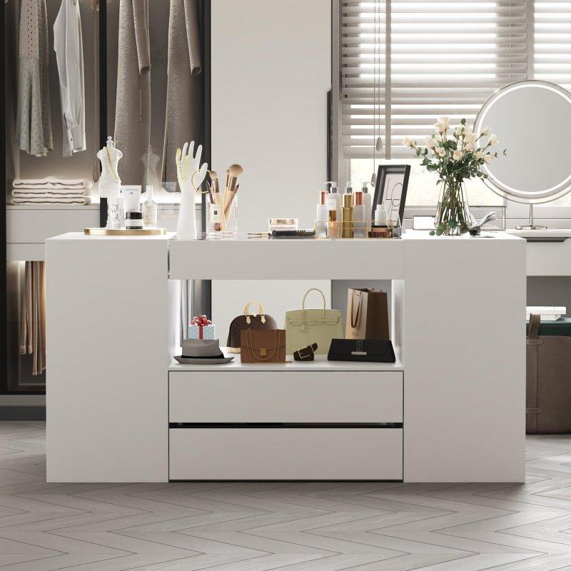 Beyaz Cam ve MDF 8 Çekmeceli Parlak Yüzeyli Ada Şifonyer - 158x81x81 cm - 311804