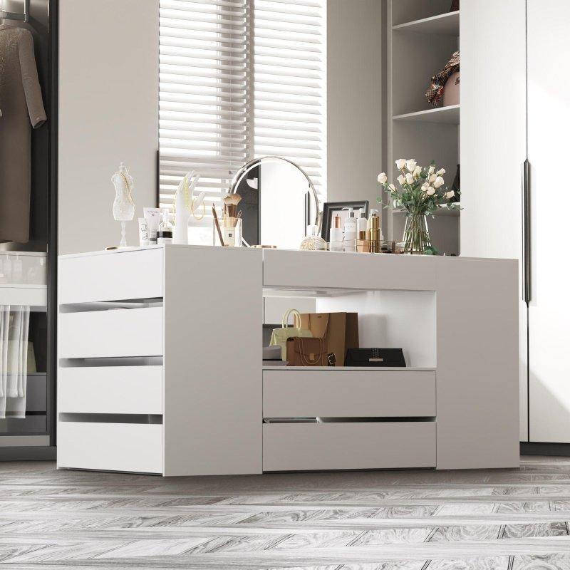 Beyaz Cam ve MDF 8 Çekmeceli Parlak Yüzeyli Ada Şifonyer - 158x81x81 cm - 311804