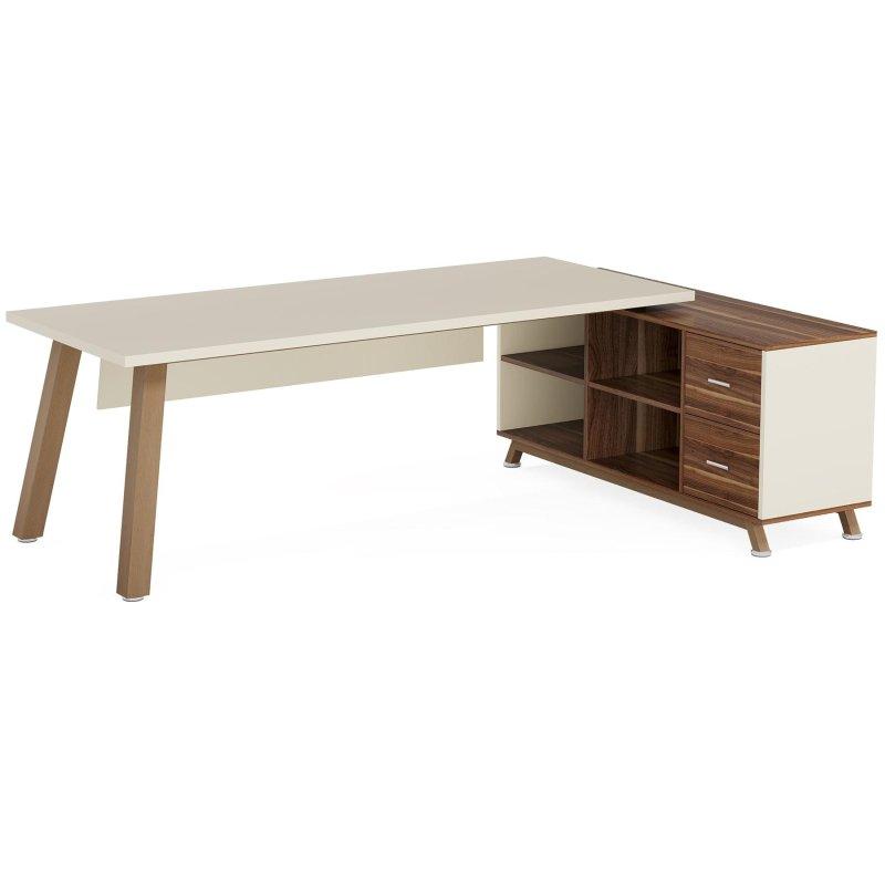 Beyaz Ceviz MDF L Tipi Dosya Dolaplı Çekmeceli Ofis Masası - 180x140 cm - 325925