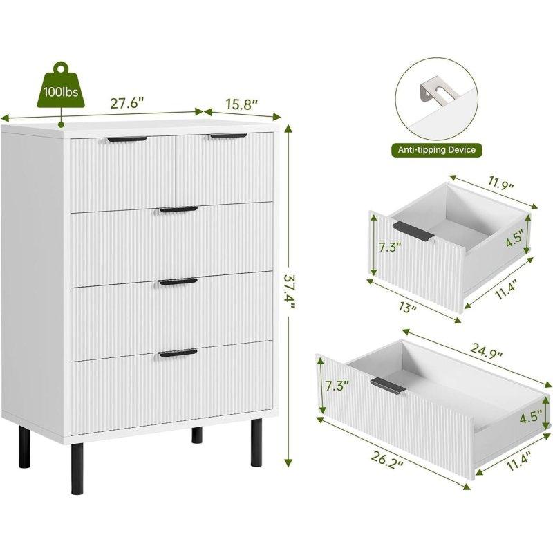 Beyaz Dalgalı Yivli 5 Çekmeceli Metal Ayaklı MDF Şifonyer - 299829