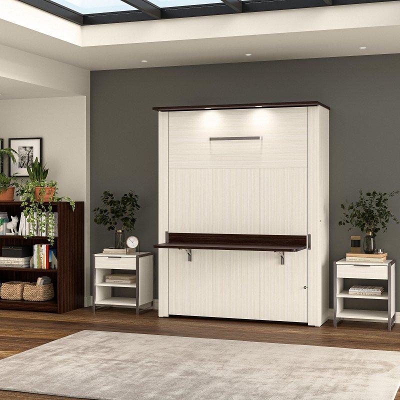 Beyaz Endüstriyel Ahşap ve Metal Masalı LED Aydınlatmalı Queen Duvar Yatağı - 264942