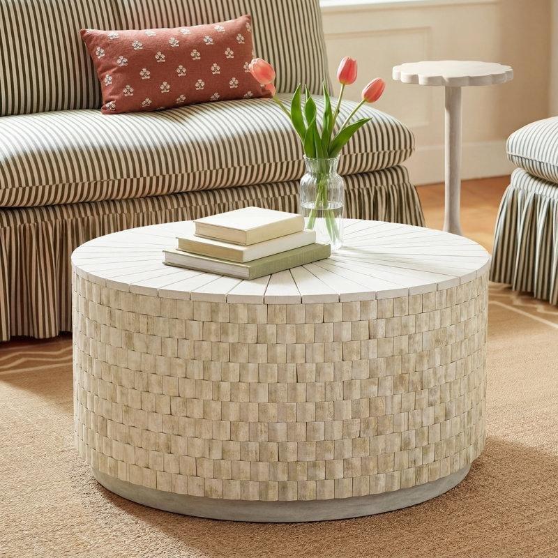 Beyaz Eskitme Masif Tik Ağacı Saklama Alanlı Tambur Yuvarlak Orta Sehpa - 79x41 cm - 244990