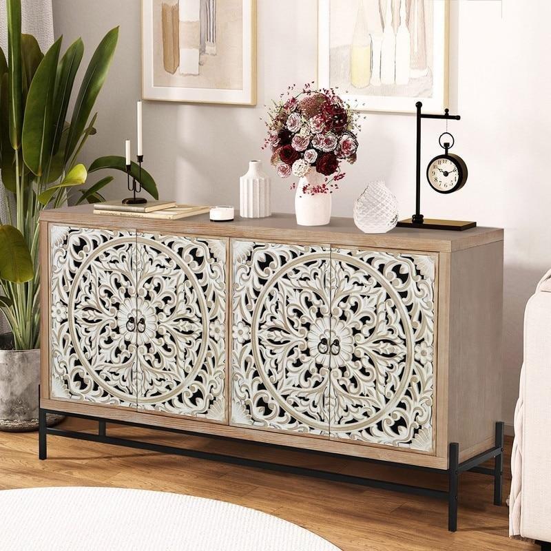 Beyaz Eskitme MDF 4 Kapaklı El Oyması Bohem Konsol - 150x86x40 cm - 325256
