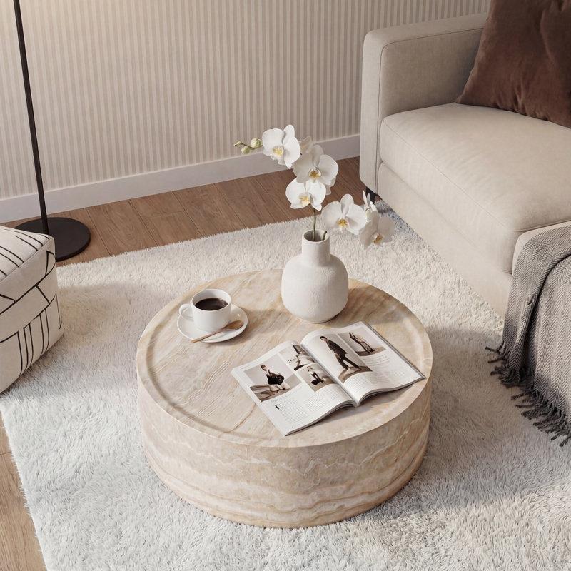 Beyaz Fiberglas Mermer Desenli Davul Tipi Yuvarlak Orta Sehpa - 100 cm - 245207