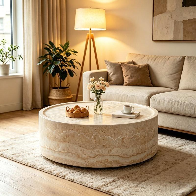 Beyaz Fiberglas Mermer Desenli Davul Tipi Yuvarlak Orta Sehpa - 100 cm - 245207
