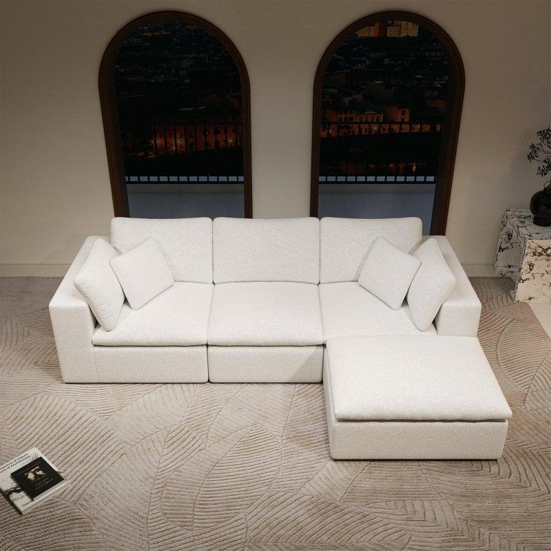 Beyaz Fitilli Kadife Kumaş Modüler Yastık Sırtlı Bohem Koltuk - 276x101 cm - 292972