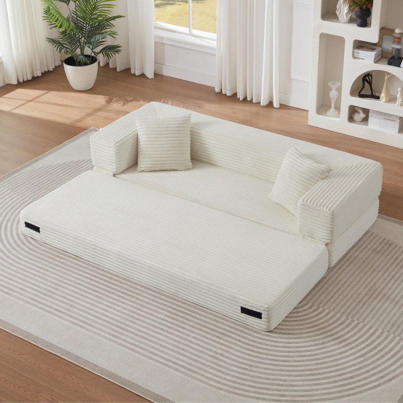 Beyaz Fitilli Kumaş Yataklı Kare Kollu 2 Kişilik Bohem Koltuk - 200x76 cm - 291421