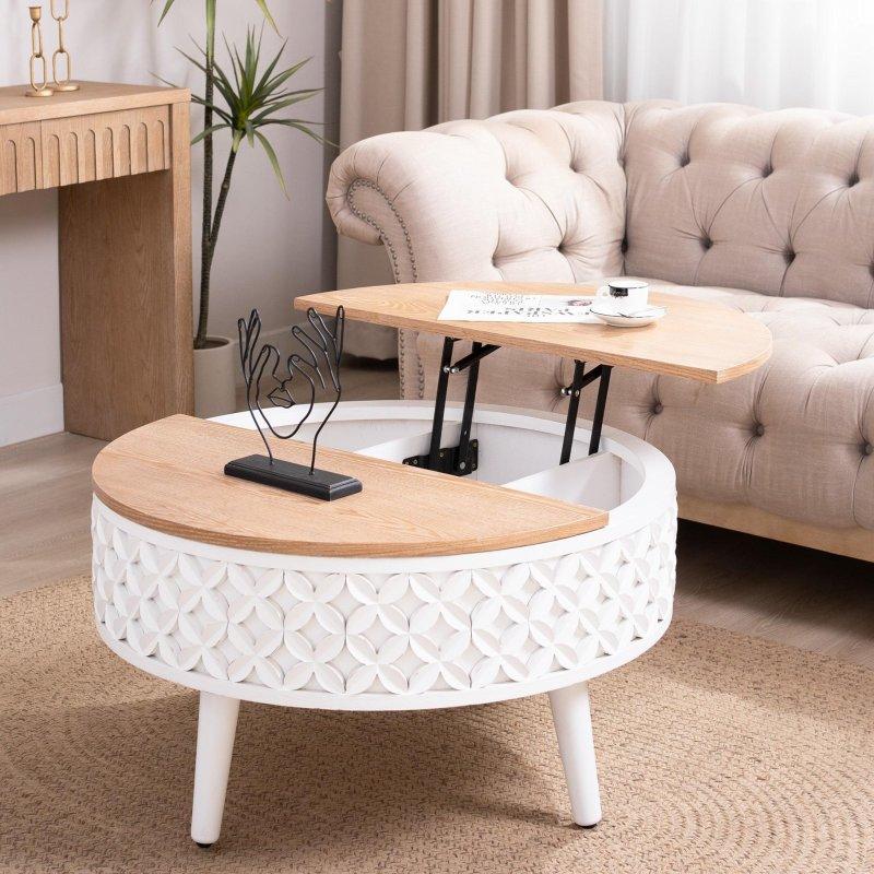 Beyaz Geometrik Desenli MDF Kaldırılabilir Tablalı ve Gizli Depolamalı Yuvarlak Orta Sehpa - 81x44 cm - 242250