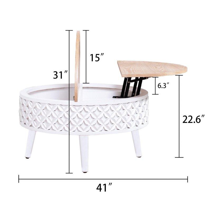 Beyaz Geometrik Desenli MDF Kaldırılabilir Tablalı ve Gizli Depolamalı Yuvarlak Orta Sehpa - 81x44 cm - 242250