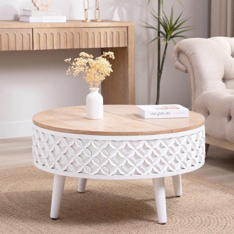 Beyaz Geometrik Desenli MDF Kaldırılabilir Tablalı ve Gizli Depolamalı Yuvarlak Orta Sehpa - 81x44 cm - 242250