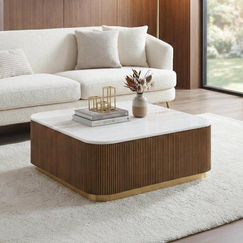 Beyaz Gerçek Mermer Tablalı Yivli Kaideli Gold Detaylı Kare Akıllı Sehpa - 89x89 cm - 253366