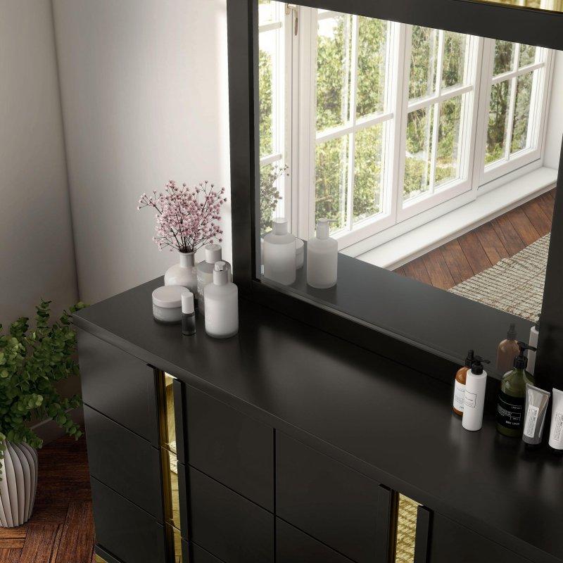 Beyaz Gold Detaylı 6 Çekmeceli Aynalı Ahşap Şifonyer - 150 cm - 297670