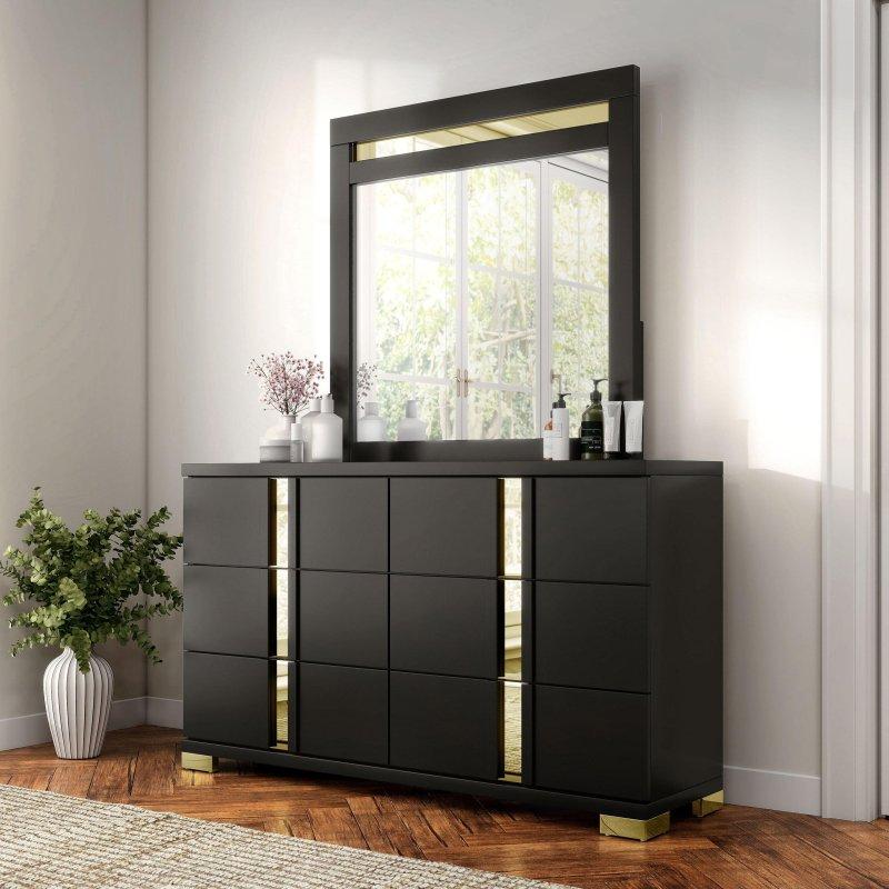 Beyaz Gold Detaylı 6 Çekmeceli Aynalı Ahşap Şifonyer - 150 cm - 297670
