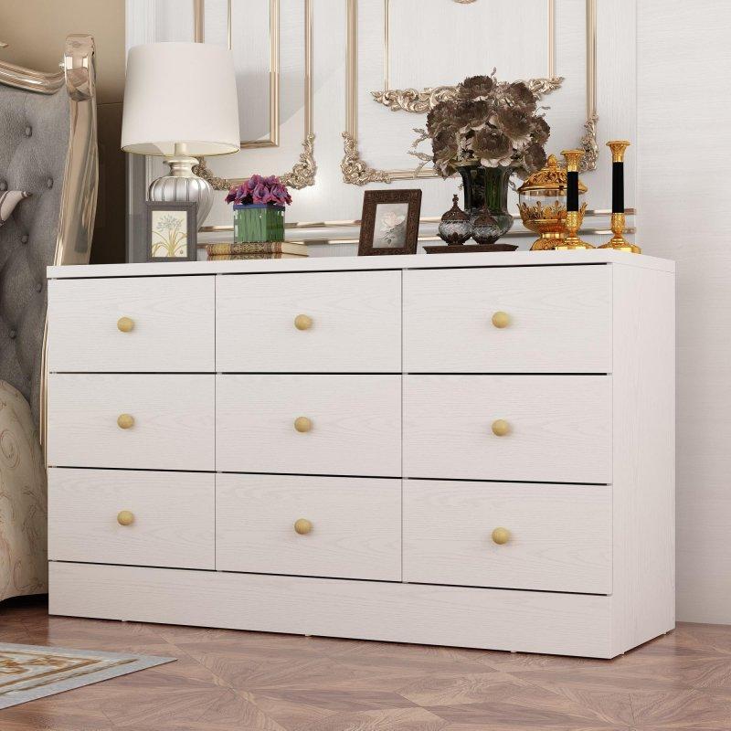 Beyaz Gold Kulplu 9 Çekmeceli Modern MDF Şifonyer - 120 cm - 308837