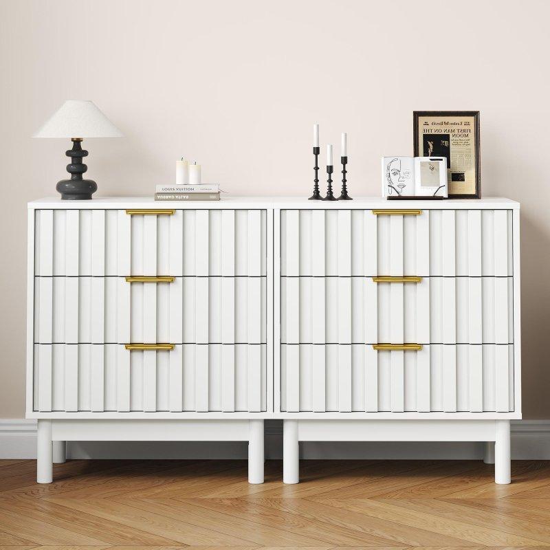 Beyaz Gold Kulplu Yivli 3 Çekmeceli MDF Şifonyer - 2li Set - 297703