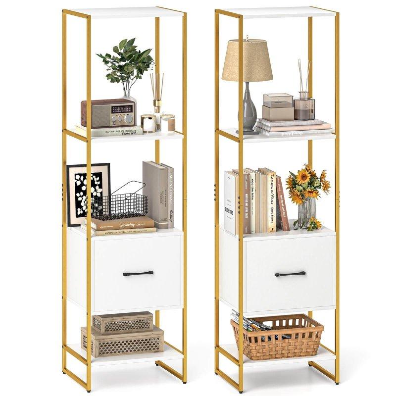 Beyaz Gold Metal Ahşap 4 Raflı Çekmeceli Kitaplık - 159 cm - 314619