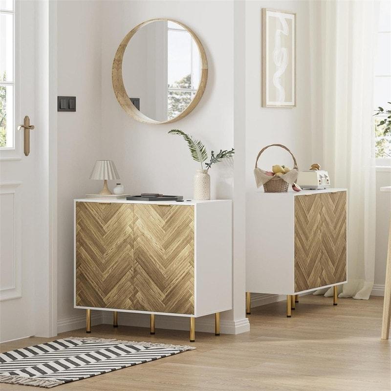 Beyaz Gold Metal Ayaklı Balıksırtı Desenli MDF Bohem Konsol - 80 cm - 325345