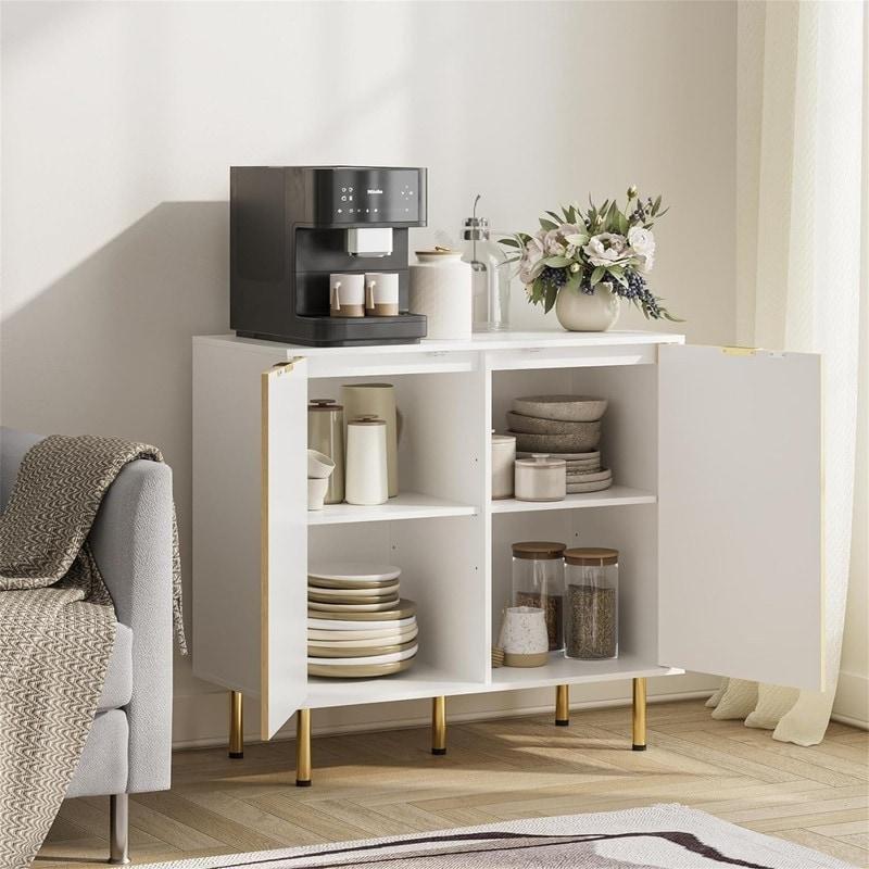 Beyaz Gold Metal Ayaklı Balıksırtı Desenli MDF Bohem Konsol - 80 cm - 325345